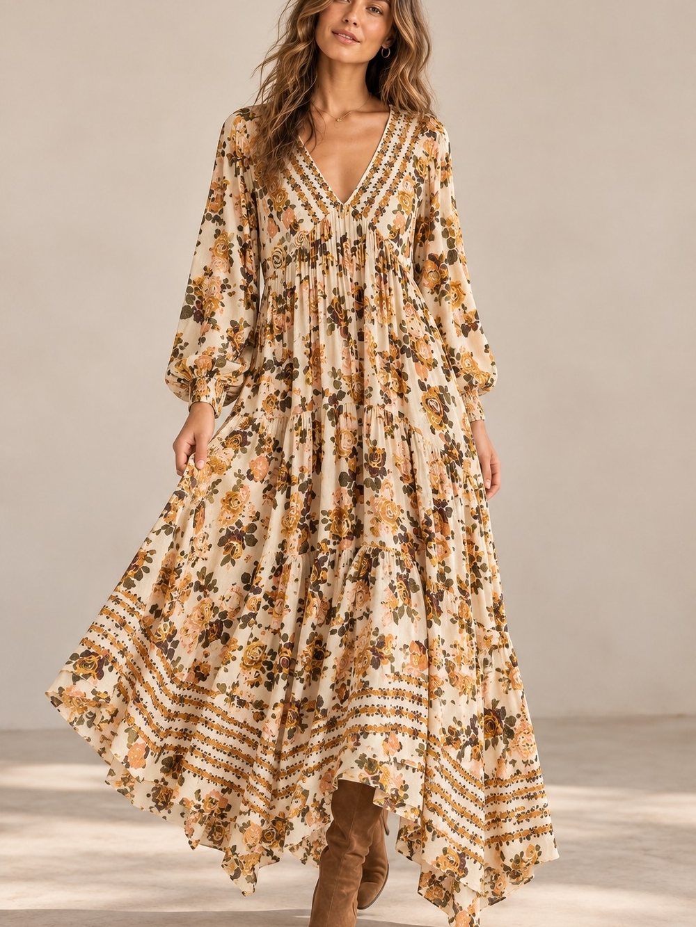 Free People Rows of Roses Maxi Dress Ivory Floral Boho High Low Size M